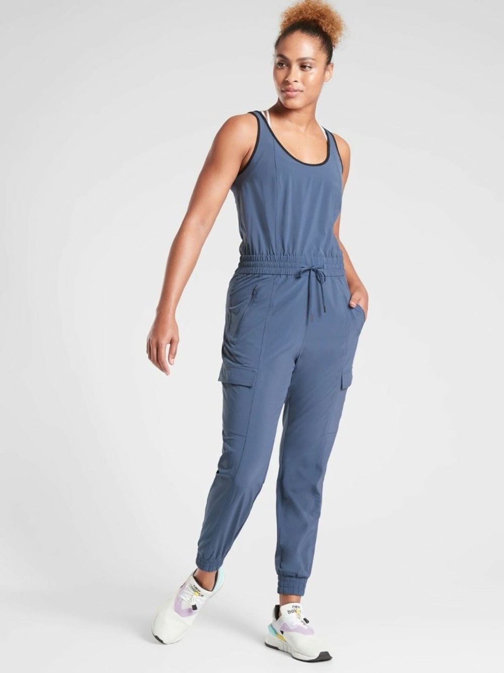 Athleta Slate Blue Sleeveless Cargo Jumpsuit Romper size Large